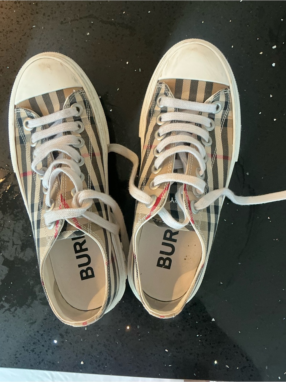 Burberry Beige Nova Check Low-Top Sneakers with White and Red Accents